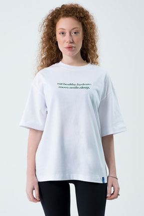 Eazy Beyaz Eat Healthy Unisex Extra Oversize Baskılı Kısa Kollu T-shirt Eazy 5053
