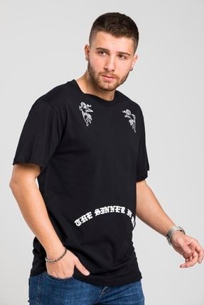Oversize Siyah Melek Baskılı Kısa Kollu T-shirt HLLDR1201