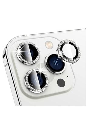 Iphone 13 Pro Max Uyumlu Taşlı Kamera Lens Koruyucu Mercek Metal Çerçeveli 3lü Set Gümüş Gri Silver tsllen64