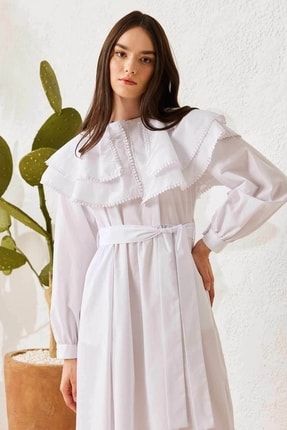 Brode Şerit Detaylı Elbise - Beyaz HY22267-BEYAZ