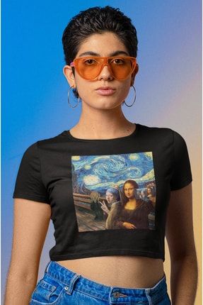 Crop-top Ünlü Tablolar İnci Küpeli Kız Monalisa Vangogh Baskılı Yarım Tişört PLBCR00557
