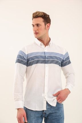 Erkek Beyaz Düğmeli Yaka Slim Fit %100 Pamuk Spor Gömlek Bck3561-108 BCK3561