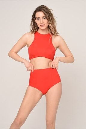 Kadın Kırmızı Yüksek Bel Toparlayıcı Halter Kesim Sportif Bikini Takımı 56556528