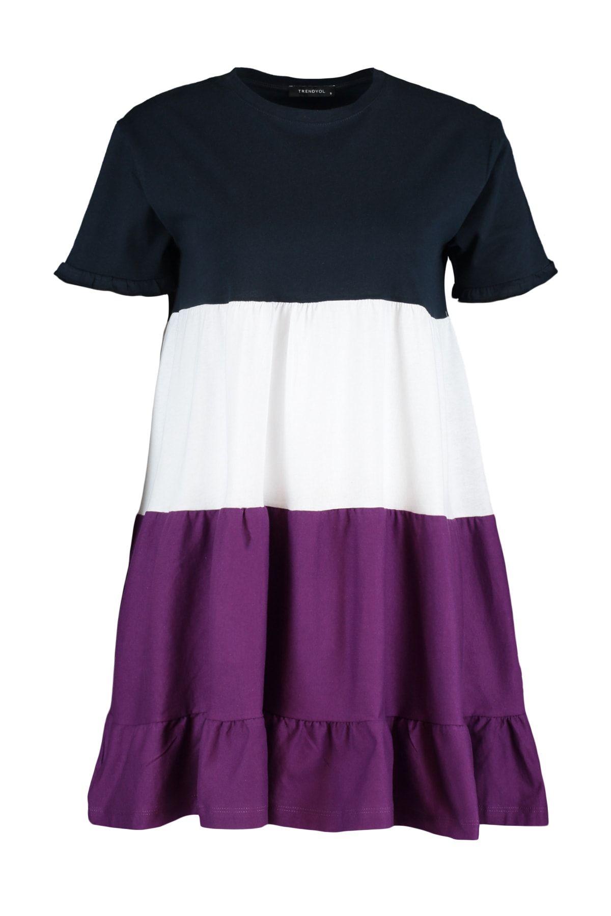 Kolekcia Trendyol-Námornícka modrá 100% bavlna Color Block Shift/Plain Mini pletené šaty TWOSS20EL1638 6