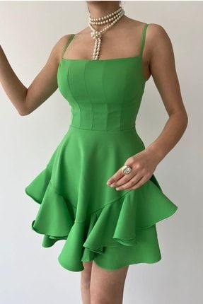 Ayarlanabilir Ince Askılı Eteği Kat Detaylı Yeşil Abiye Elbise & Yeşil Mezuniyet Elbisesi 102 4S1B-ETC-102