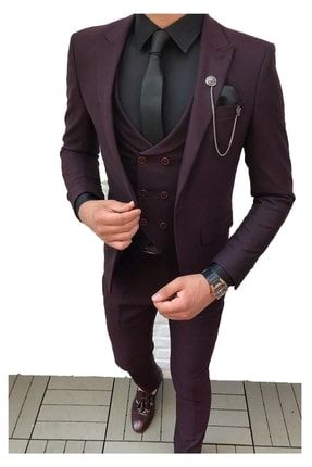 Slim Fit Bordo Yelekli Takım Elbise ( Gömlek Kravat Mendil Yaka Süsü Hediye) FLTK01