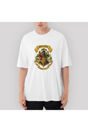 Harry Potter Hogwarts Logo Oversize Beyaz Tişört OZT2671
