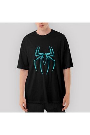 Spiderman Blue Logo Oversize Siyah Tişört OZT2742