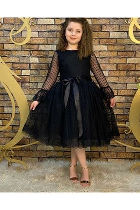 Kız Çocuk Prenses Puantiyeli Dantelli Tüllü Elbise ve Toka Siyah TYC00431566483