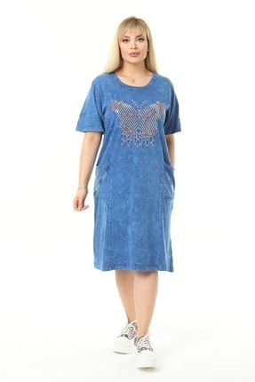 Büyük Beden Mavi Kelebek Taslı Elbise M-6032