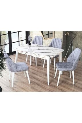 Dolunay Beyaz Mermer Görünümlü Açılabilir Mutfak Masası Ve Defne Sandalye Takımı dlnybyzmrmr20