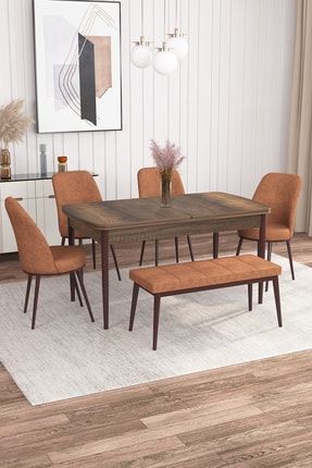 Leona Barok Desen 80x132 Mdf Açılabilir Mutfak Masası Takımı 4 Sandalye, 1 Bench AZRA-0111211