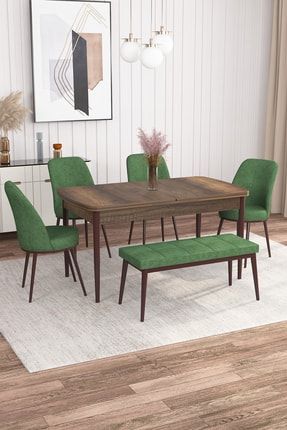 Azra Bench'li 80x132 Barok Açılabilir Mdf Mutfak Masası Takımı 4 Haki Yeşili Sandalye AZRA-011129