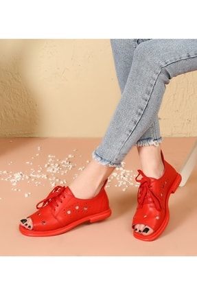 Hakiki Deri Burnu Açık Yazlık Kırmızı Kadın Ayakkabı C0285