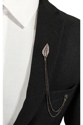 Koyu Gümüş Gri Renk Siyah Işlemeli Yaprak Figürlü Metal Ceket Yaka Iğnesi Yaka Zinciri BLC000144