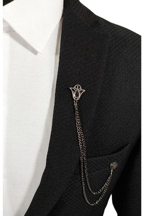 Siyah Renk Lale Motifli Metal Ceket Yaka Iğnesi Yaka Zinciri BLC000140