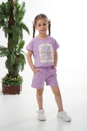 Kız Çocuk Üzeri Nakış İşlemeli Şortlu Takım Şort Tshirt 2'li Kombin 4050-301