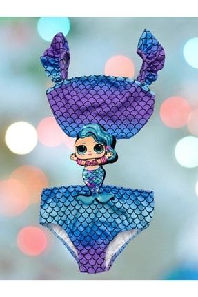 Kız Çocuk Lila Mavi Mayokini Denizkızı Temalı Kol Fırfırlı Son Sezon Kostüm Mayokini myo