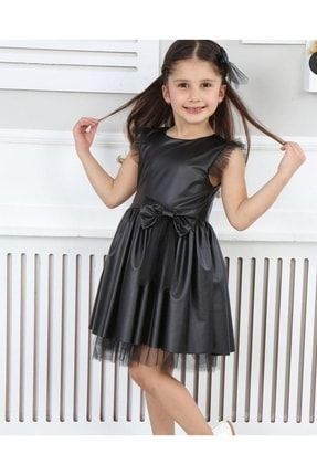 Çocuk Deri Elbise Kiloş Tokalı Deri Çocuk Elbise Kol ve Etek Uçları Tül Detay Deri Elbise 4054-deri1