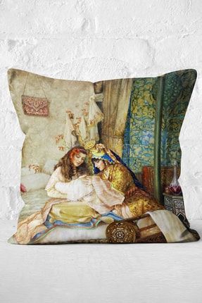 Osmanlı Motifli Kadınlar Yağlı Boya Desenli Dijital Baskılı Dekoratif Modern Yastık Kırlent Kılıfı NshPtk-K1580