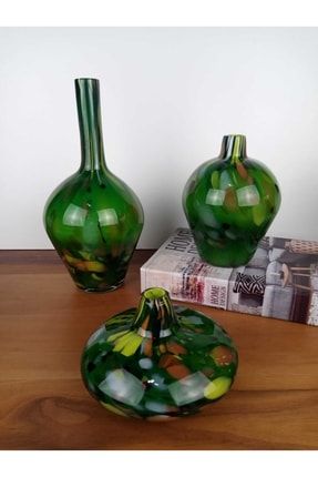 Üfleme Cam El Yapımı Koyu Yeşil Ebruli Dekoratif Üçlü Set Murano Vazo ARKGREENTR2021