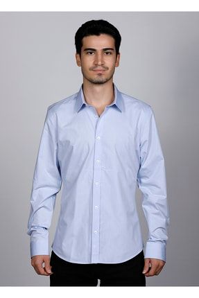 Erkek %100 Pamuk Slim Fit Armürlü Mavi Premium Gömlek 22121 SLV-22121