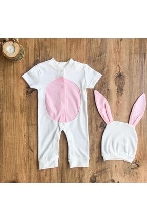 Kız Bebek Beyaz - Pembe Tavşan Kostüm Yazlık Tulum Ve Şapka Seti TYC00432570508