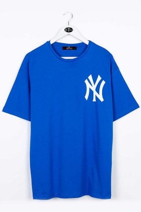 Yankee Baskılı Saks Mavisi Oversize Unisex Tshirt 46BTM46