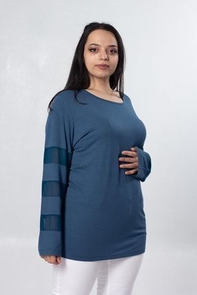 Büyük Beden Kadın Giyim Kol Tül Detaylı Bluz Petrol Yeşil Bz761 BZ761
