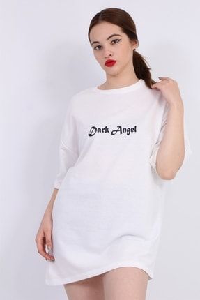 Kadın Beyaz Oversize Dark Angel Baskılı T-shirt 100TST2334