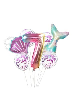 Deniz Kızı Balon 7li Set ( Denizkızı Deniz Kabuğu Rakam Balon Ve Pullu Şeffaf Balon Buketi ) TYDNZK0001