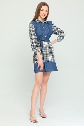 Lacivert Kadın Pötikare Gömlek Yaka Mini Jean Elbise P-038630