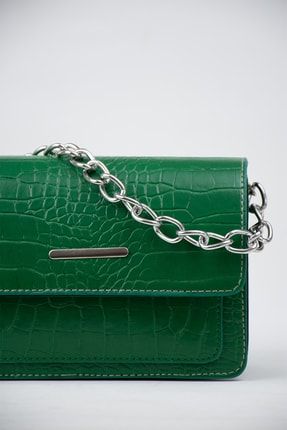 Yeşil Kadın Timsah Desenli Clutch Baget Zincir Askılı Çanta 152BRSHK