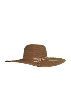 Geniş Kenarlı Incili Hasır Kadın Şapka 3871 3871-Kahverengi