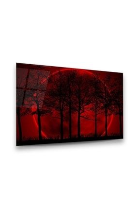 Kırmızı Ay ve Ağaçlar Yatay Cam Tablo YYT71230