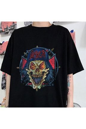 Siyah Renk Slayer Renkli Ön Baskılı Geniş Kesim Unisex Rock-metal Kısa Kollu T-shirt BSM04SLYRFRKT