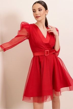 Kruvaze Yaka Balon Kol Kemerli Elbise Kırmızı S-20Y0230008-Kırmızı