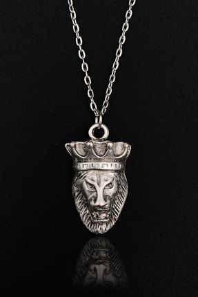 Aslan Kral Kafası - Taçlı Model 925 Ayar Gümüş Kaplama Erkek Kadın Kolye 1161-z1