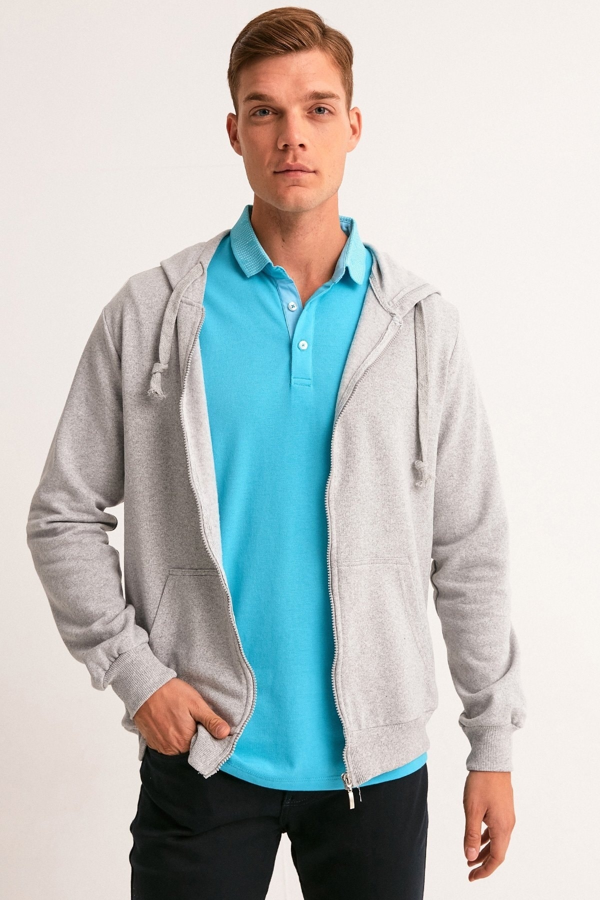 Fulla Moda Erkek Gri Fermuarlı Kapüşonlu Sweatshirt