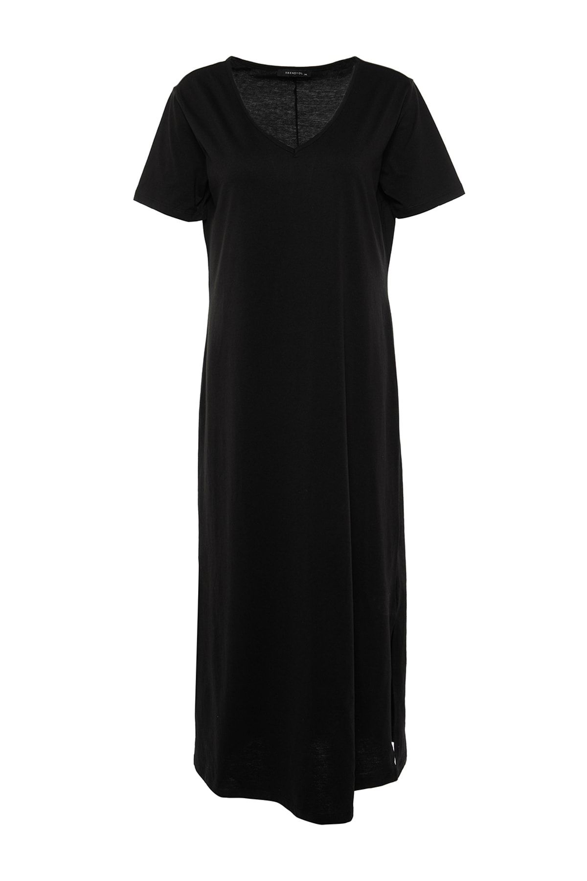 Trendyol Curve-Schwarzes Maxikleid mit V-Ausschnitt – 100 % Baumwolle, Schlitzdetail TBBSS22AH0163 6
