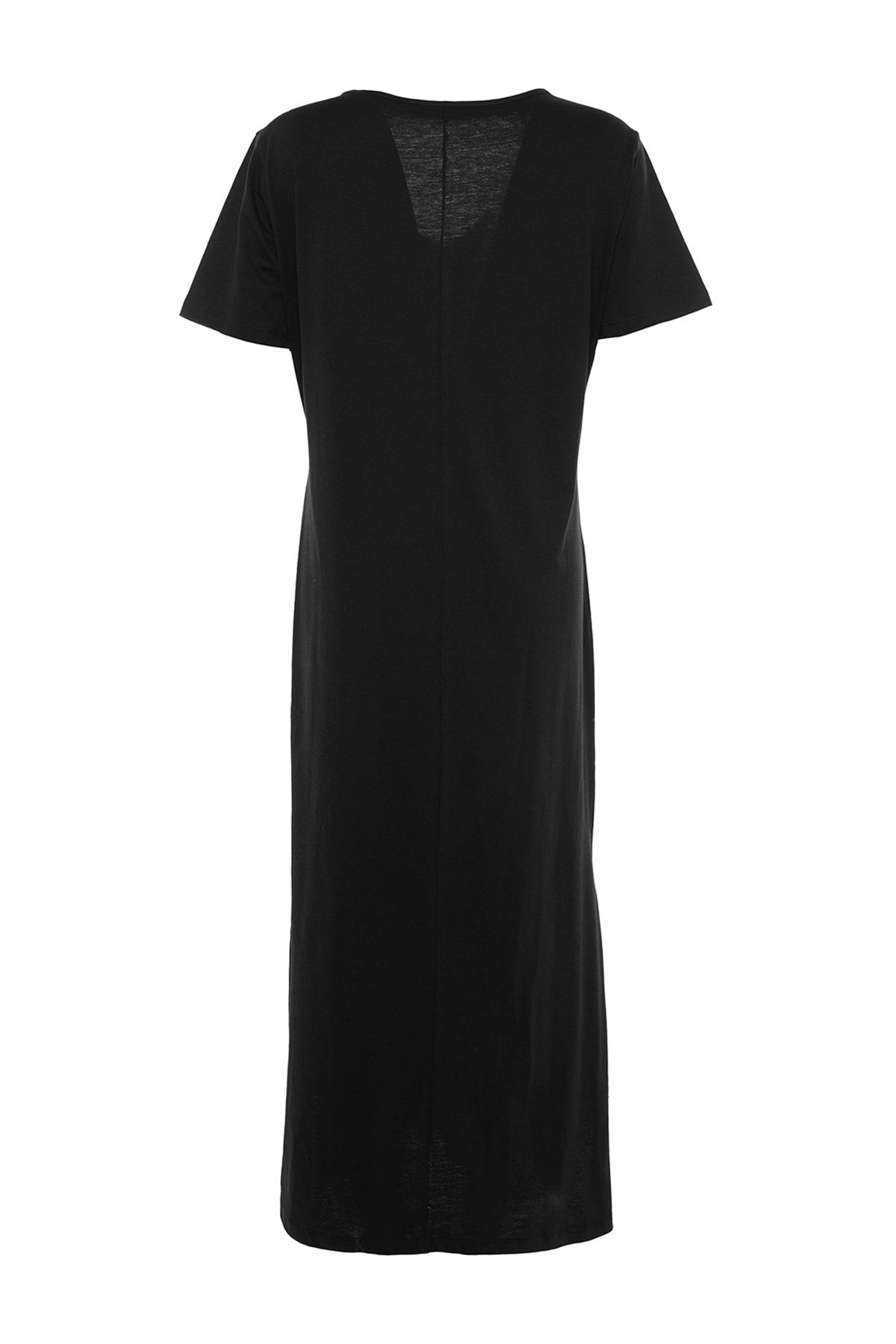 Trendyol Curve-Schwarzes Maxikleid mit V-Ausschnitt – 100 % Baumwolle, Schlitzdetail TBBSS22AH0163 8