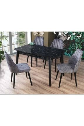 Dolunay Siyah Mermer Görünümlü Açılabilir Mutfak Masası Ve Defne Sandalye Takımı dlnysyhmrmr40