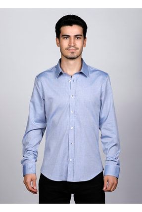 Erkek %100 Pamuk Slim Fit Mini Oxford Mavi Gömlek 22118 SLV-22118