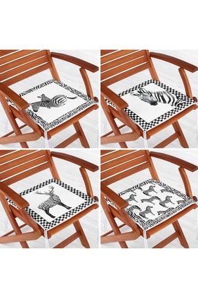 4'lü Siyah Beyaz Temalı Zebra Motifli Fermuarlı Sandalye Minderi Seti Frm4lu-SetRyl97