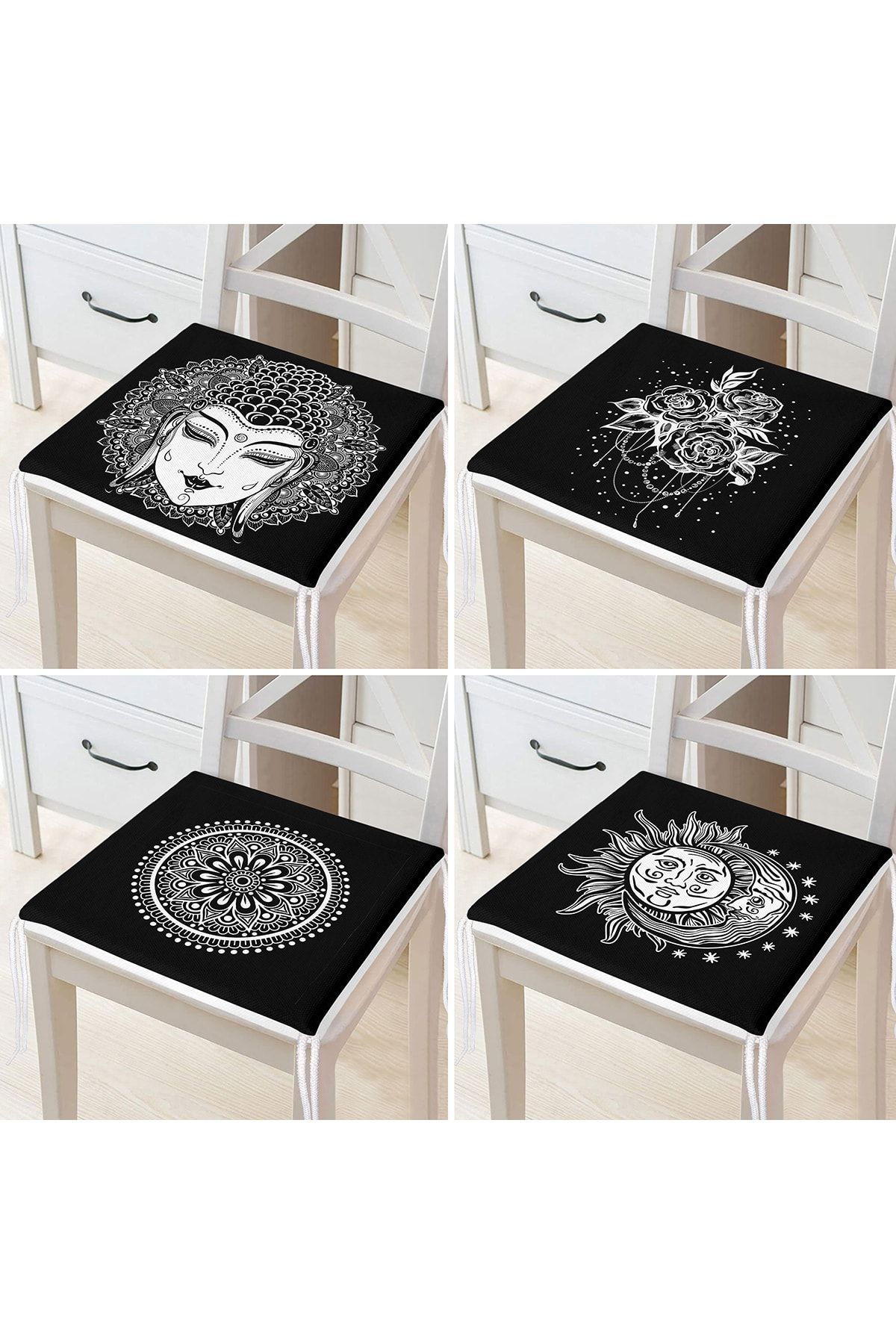 Realhomes-4-Piece Black and White Medusa Design Zippered Chair Cushion Set 2