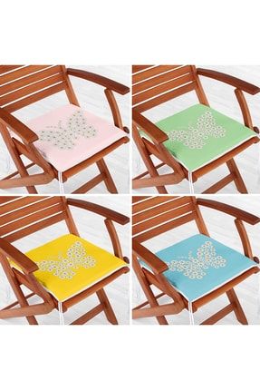 4'lü Renkli Zemin Papatya Kelebek Özel Tasarımlı Dijital Baskılı Fermuarlı Sandalye Minderi Seti Frm4lu-Set837