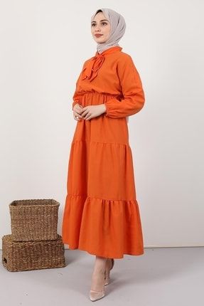 Yakası Fiyonk Cotton Elbise Turuncu 4421101
