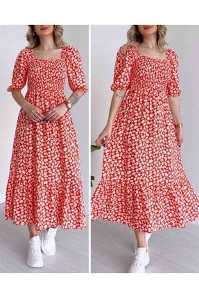 Foxy Papatya Desen Elbise Kırmızı 3581-KR