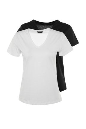 Siyah ve Beyaz %100 Pamuk V Yaka 2'li Paket Örme T-Shirt TWOSS20TS0142