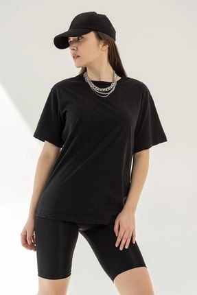 Kadın Siyah Tişört Oversize T-shirt OX-001-Y